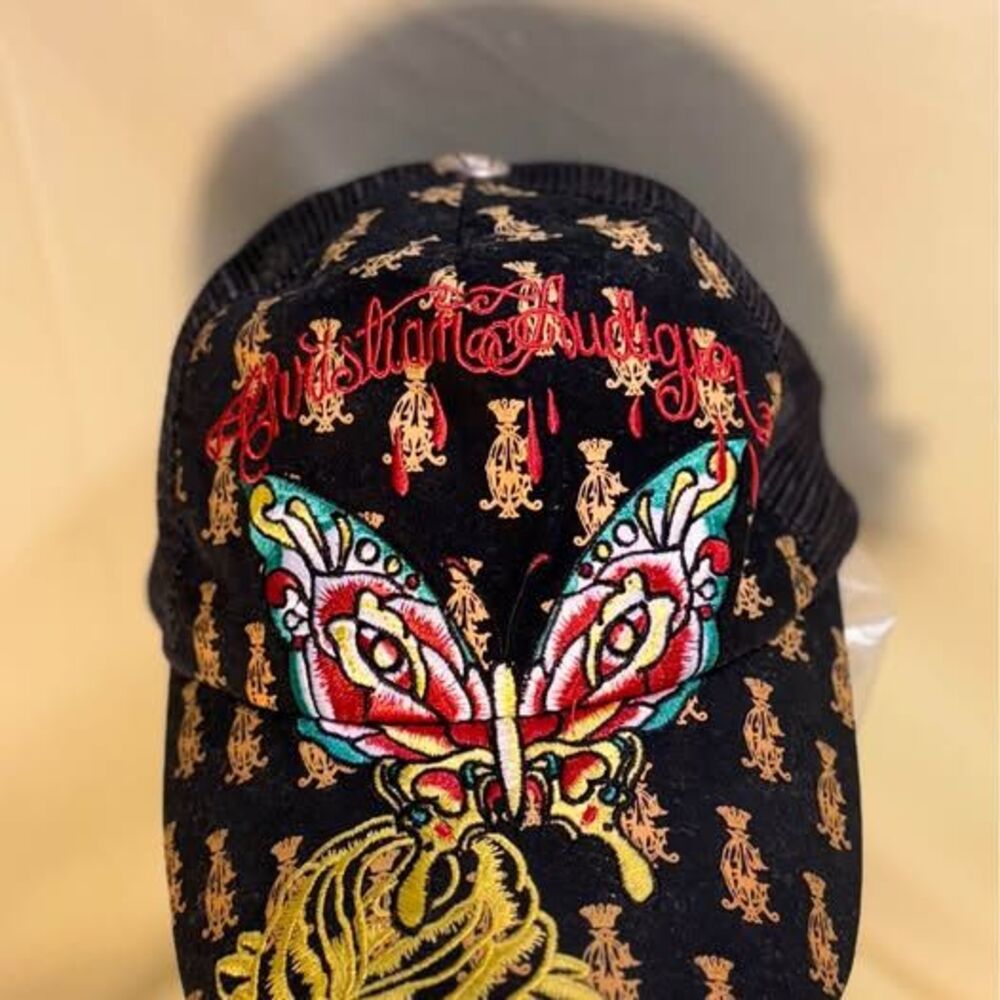 Vintage Y2K Christian Audigier Embroidered Trucker Hat - Butterfly & Rose (Gold